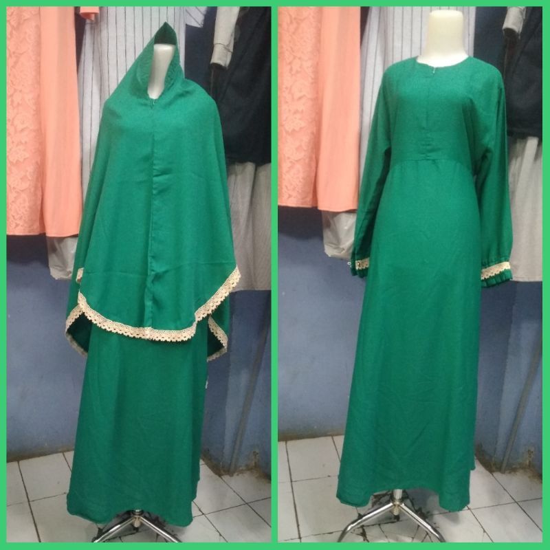 Gamis set syari jumbo muslimah busui setelan hijab/jilbab/kerudung krudung khimar murah motif renda