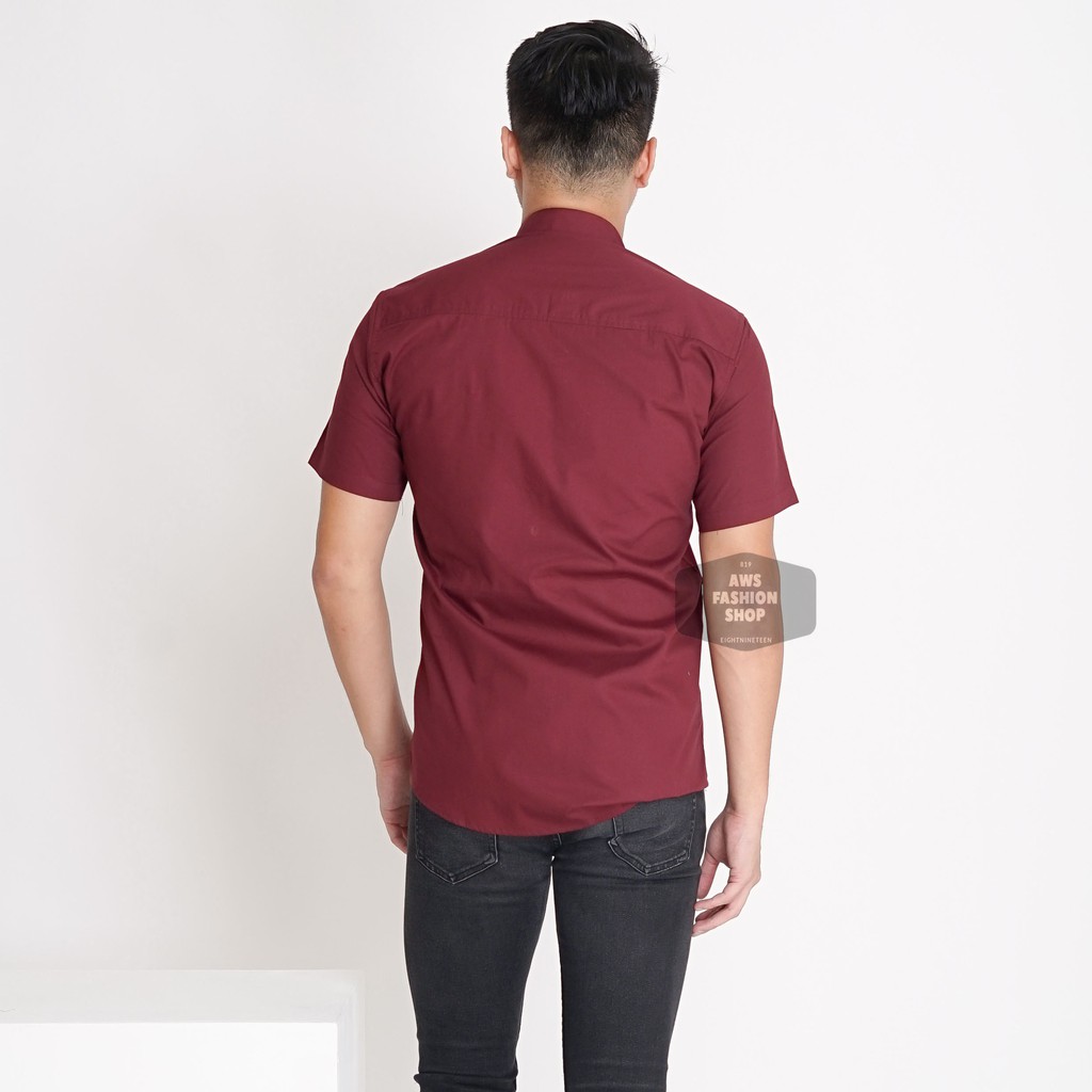 Kemeja Pria Lengan Pendek Polos Kerah Shanghai Koko Merah Maroon Cowok Casual Slimfit 3351