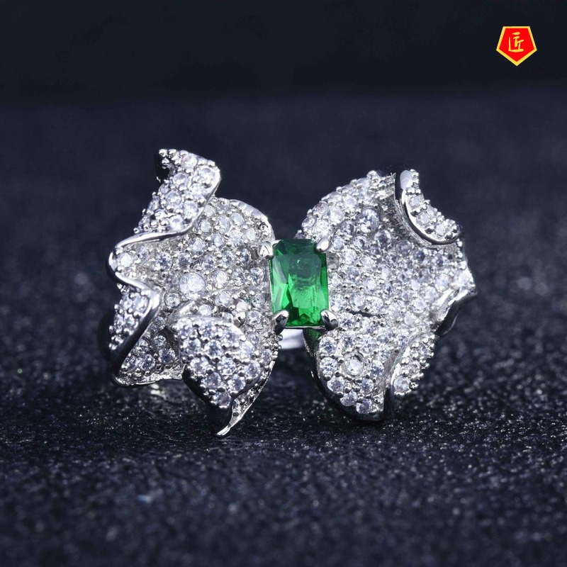 [Ready Stock]Luxury Fashion Micro Inlay Full Diamond Bow Emerald Ring