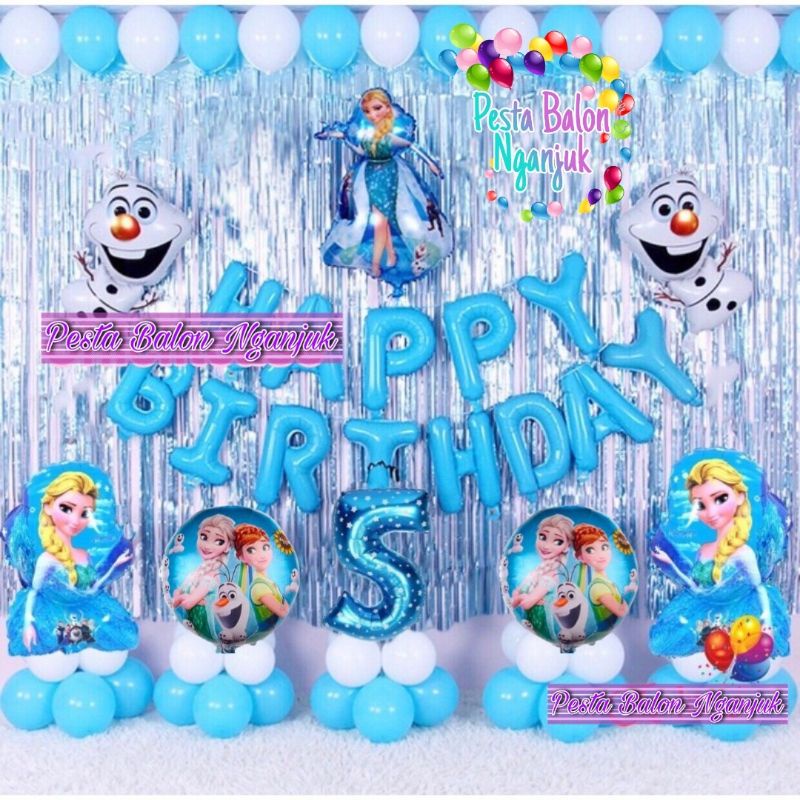 Paket set dekorasi ulang tahun tema frozen elsa anna olaf backdrop background ultah