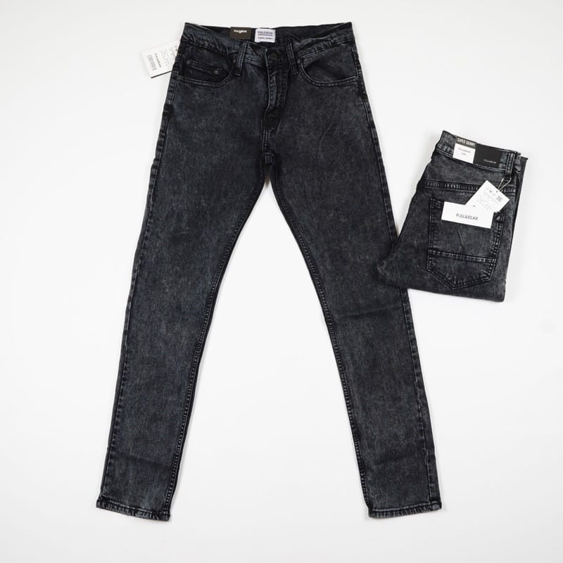 CELANA JEANS PRIA PULL&amp;BEAR BLACK ACID SKINNY STRETCH PULLANDBEAR PULL &amp; BEAR PULL AND BEAR PENSIL