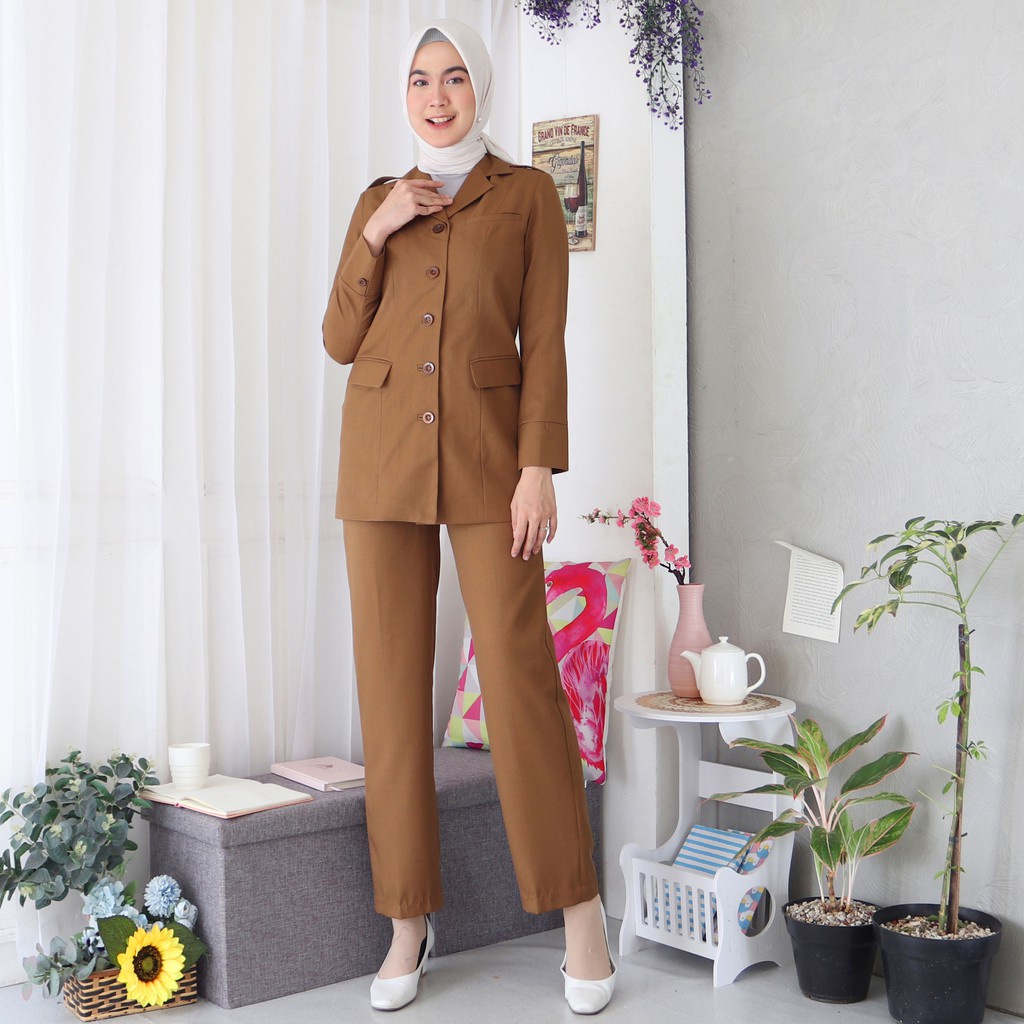 seragam Dinas Wanita Khaki Set Celana Blazer Pemda Kheki Stelan Celana Seragam PNS Pemda Tua Baju Pe