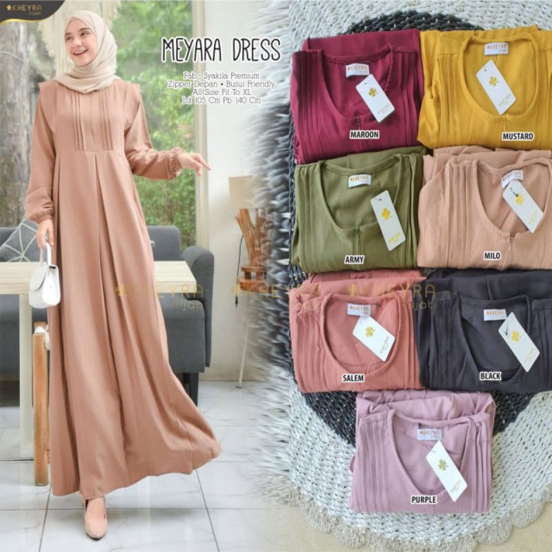 Meyara Dress Bahan Syakila Premium By KHEYRA/Gamis Shakila Import Polos Cantik Simple Elegant Busui