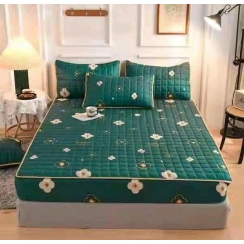 Sprei Sultan Waterproof anti ompol anti tahan air size 160×200 120×200 Seprei Adem full Karet-Waterproof-Hijau Tua