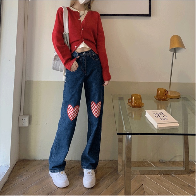 Korean Style Import Biru tua denim lurus high waist longgar celana jeans panjang wanita