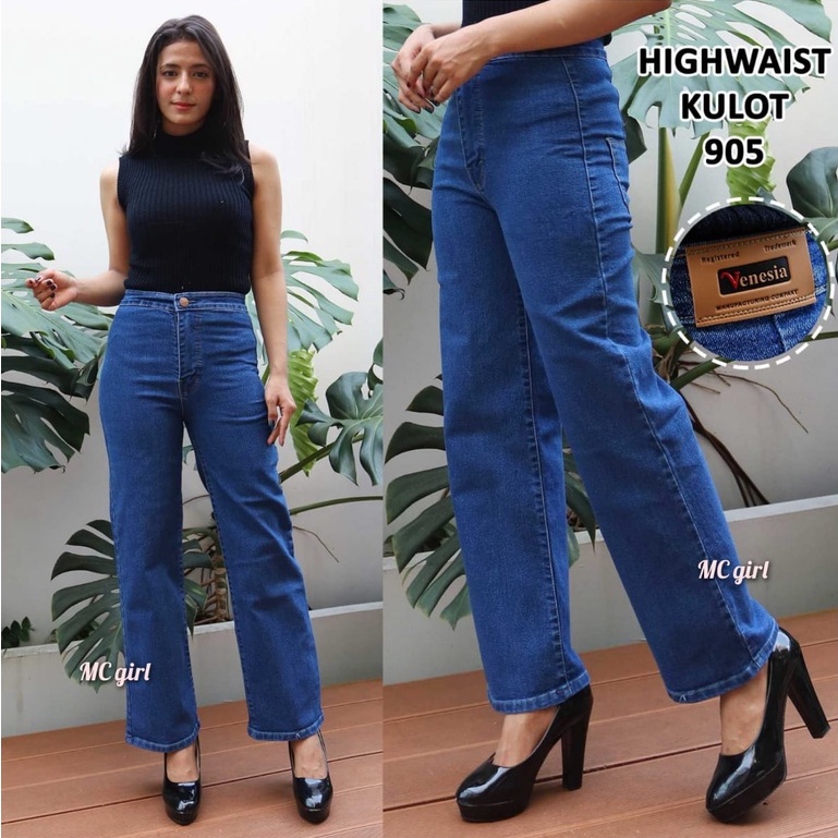 ( Size 27 - 34 ) MC girl - Kulot Highwaist Jeans Wanita / Celana Jeans High Waist Kulot Panjang Stret / Celana Jeans Pinggang Tinggi Kaki Lebar Warna Biru Tua