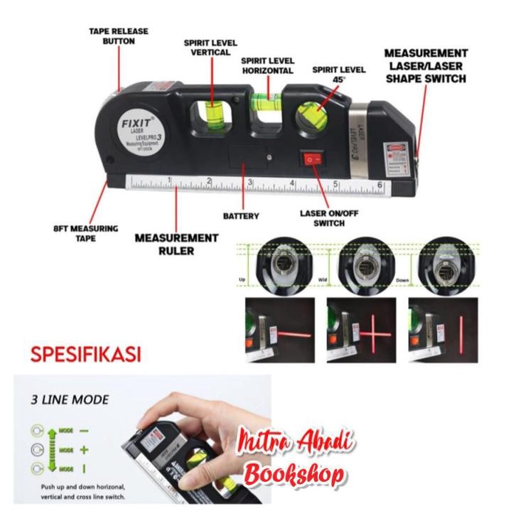 Waterpass Laser Level Pro 3 dengan Alat Ukur 250 cm Multi-Purpose Tool