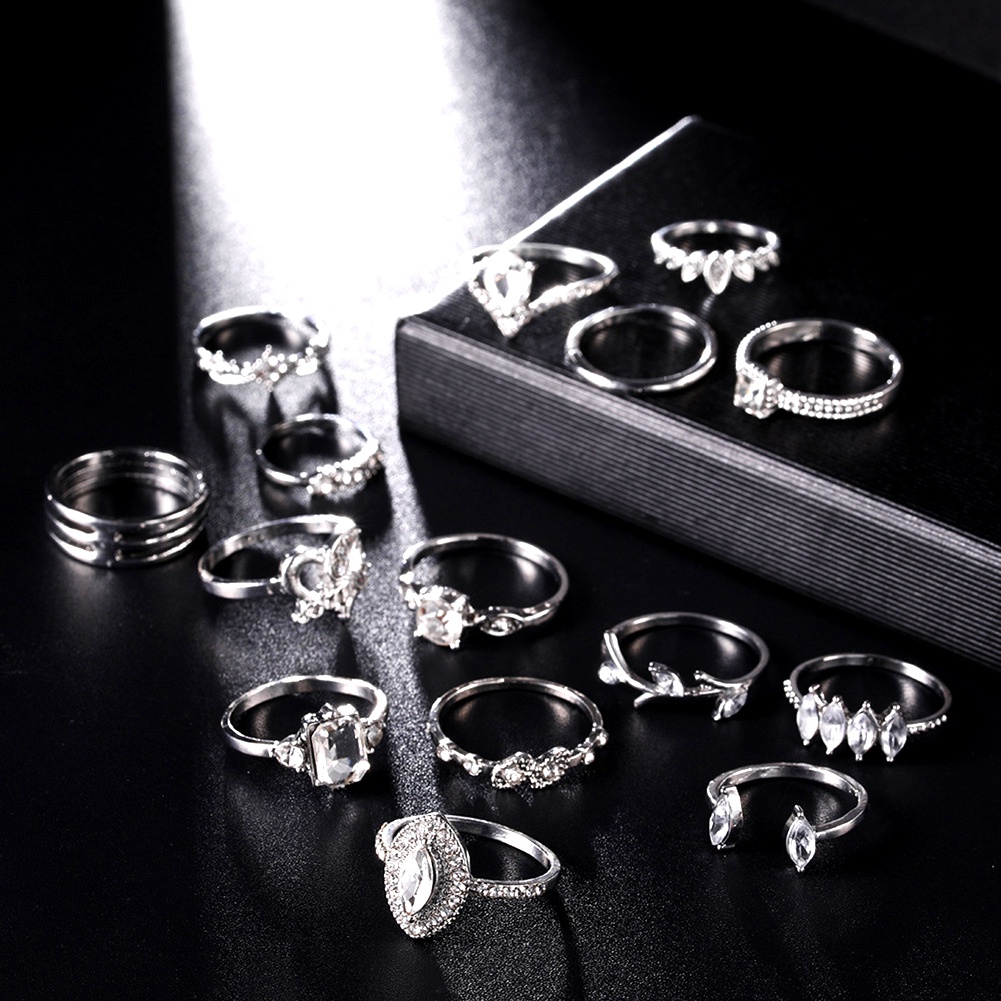 Hu Hu Hu Hu Hu Alat Bantu Pasang Kacamata♡ 15pcs / Set Cincin Wanita Hias Batu Permata / Berlian Imitasi Gaya Bohemian Untuk Hadiah