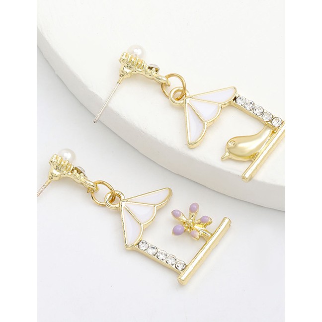 LRC Anting Tusuk Fashion Gold Color Alloy Oil Drop Diamond Flower And Bird Earrings K79351