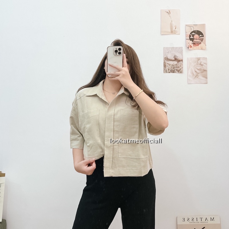 lookatmeofficial • Agatha Oversize Crop Shirt Bahan Linen - Atasan Kemeja Crop Wanita Bahan Linen