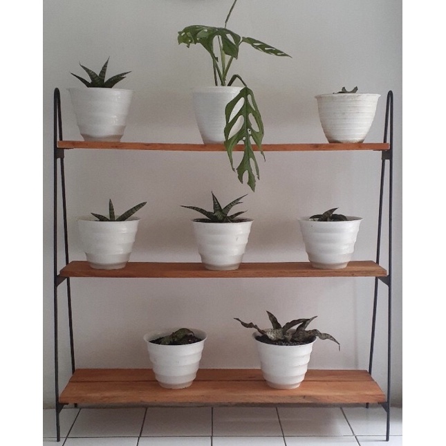 Rak bunga susun besi/ rak kayu minimalis/hiasan taman standing/ rak pot pajangan ( SATU PAKET )/Temp