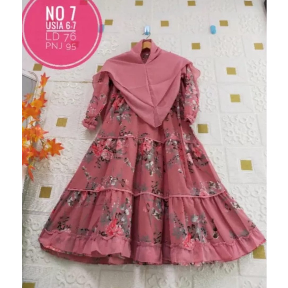 One set gamis dengan hijab Gamis anak umur 3 sampai 7 tahun Gamis sakura anak Gamis syar'i