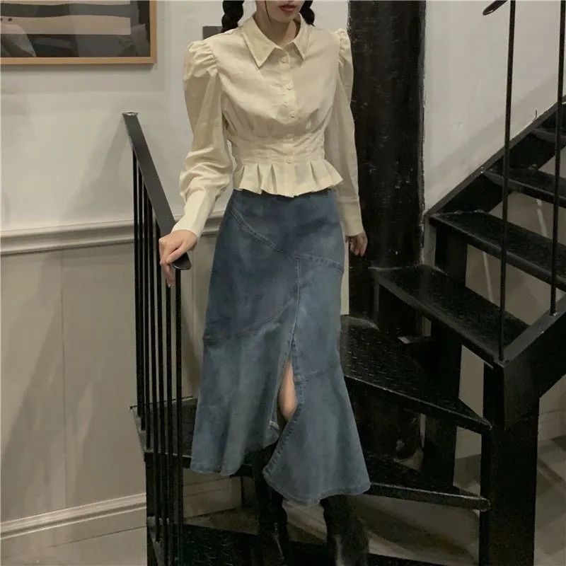 2022 new waist trimming shirt Women's niche shirt retro chic short top