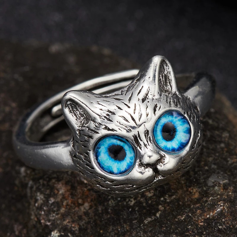 Cincin Model Terbuka Adjustable Desain Mata Kucing Biru Gaya Vintage Punk Gothic Untuk Unisex