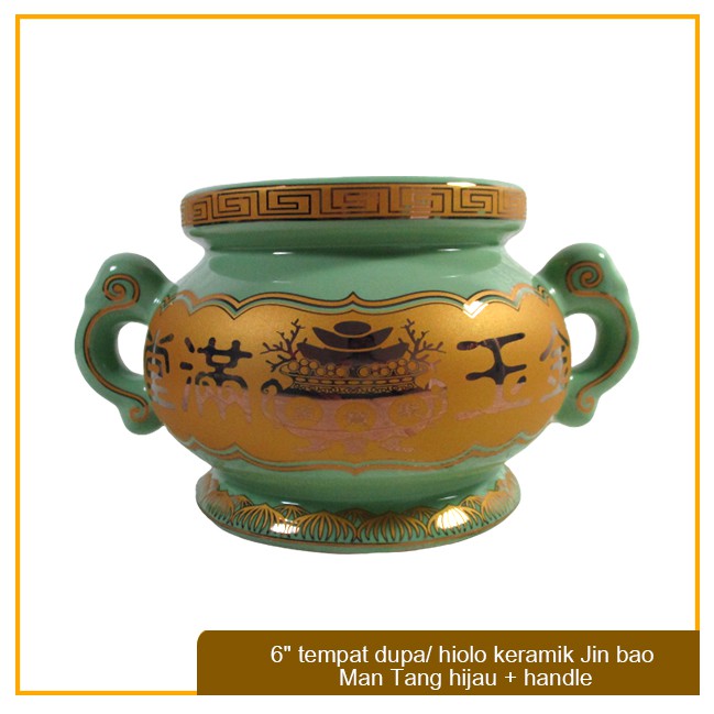 6" tempat dupa/ hiolo keramik Jin bao Man Tang hijau + handle