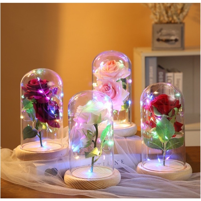 Lampu LED Bunga Mawar Dekorasi  Rose / Hampers Pajangan Kado Hiasan Ruangan Kamar Glass Dome glassdome / Lampu Bunga Hias / Lampu Tidur Hias LED