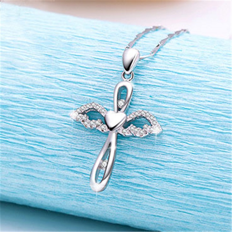 [Ready Stock]Fashion Silver Plated Cross Pendant Angel Wings Necklace