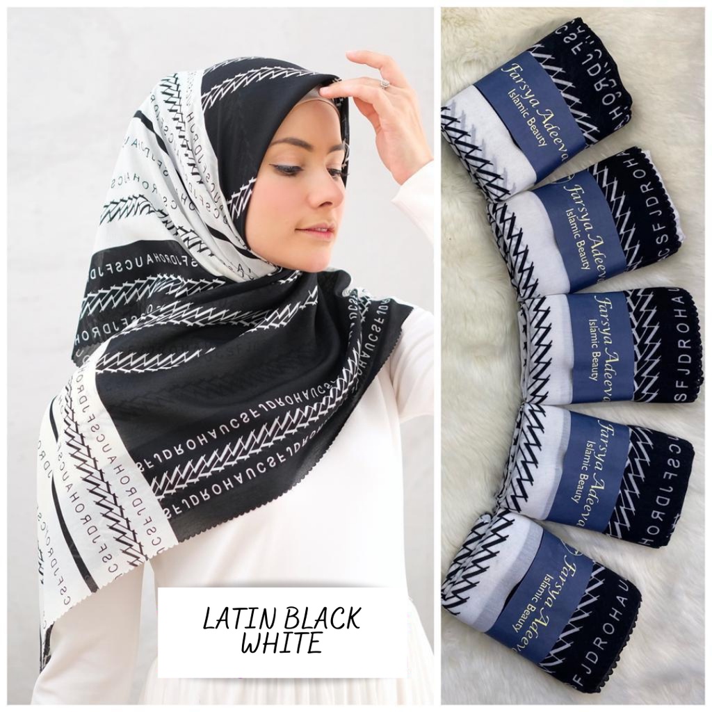 COD PROMO DENAY KW HIJAB SEGIEMPAT VOAL MOTIF / JILBAB DEENAY KW MOTIF TERMURAH-LATIN BLACK WHITE