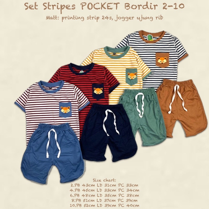 Setelan Anak Stripes Pocket Bordir Unisex 2-10 Tahun Original Kaos Super Premium Pakaian Anak Terlaris Termurah Best Seller