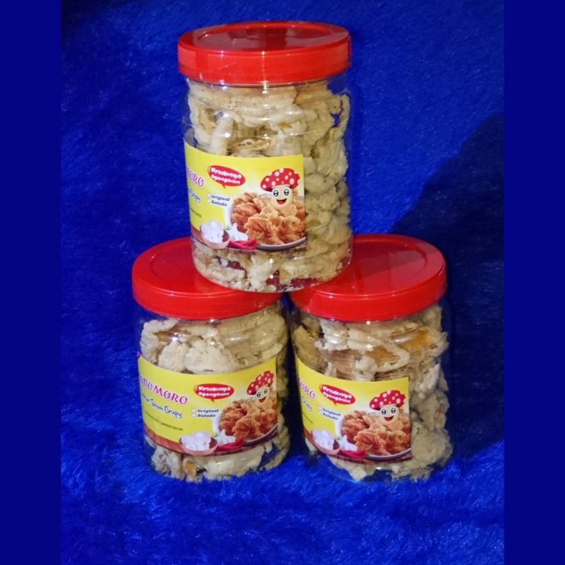 

keripik jamur tiram crispy kering renyah 200 gram kemasan toples podomoro