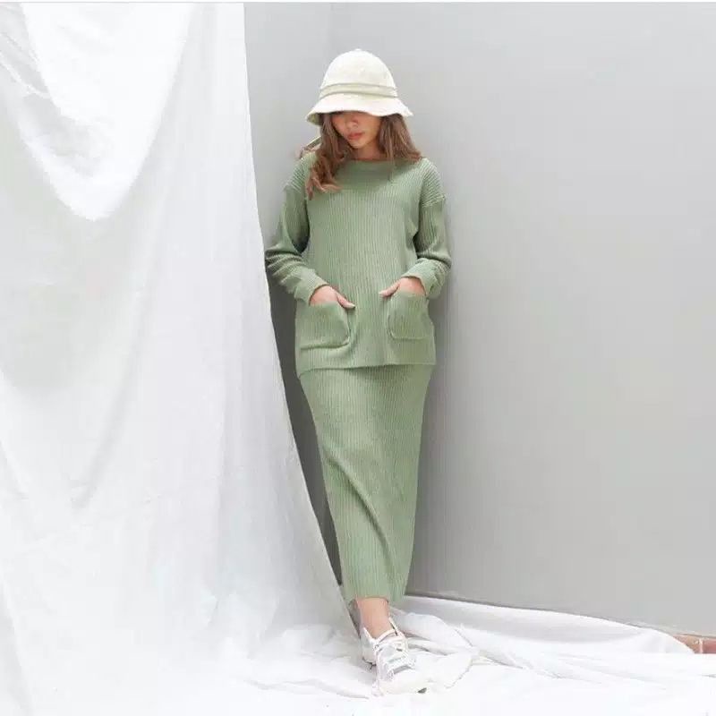 (REALPICT) One set rajut boxy pocket-Mint