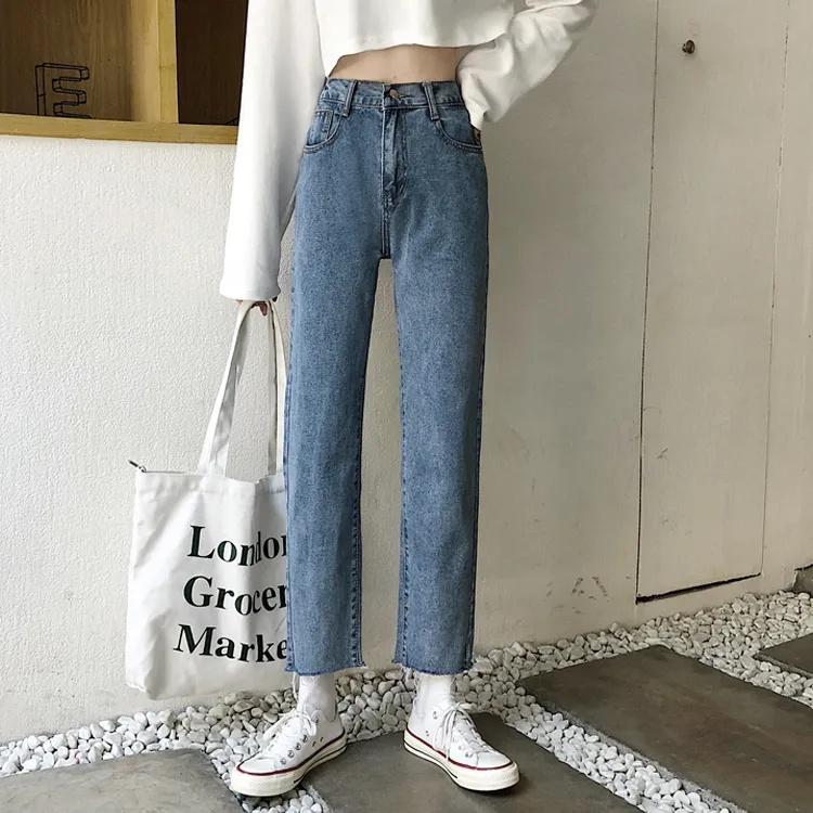 Retro pinggang tinggi longgar lurus denim gadis mahasiswa celana lebar kaki serbaguna jeans