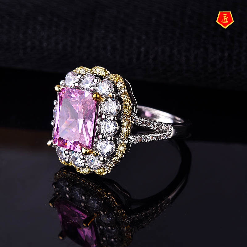 Cincin Kristal Berlian Bentuk Kotak Warna Pink