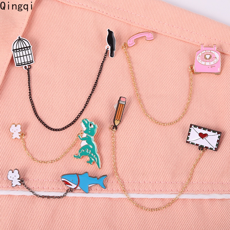 Bros Pin Enamel Bentuk Dinosaurus / Hiu / Burung / Tulisan Love Aksen Rumbai Rantai Untuk Wanita