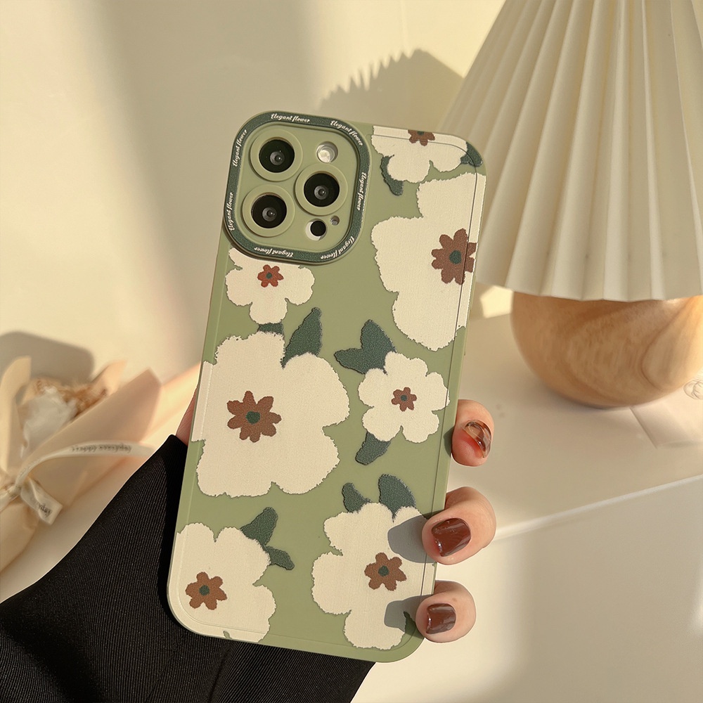 Soft Case Silikon Motif Bunga Mawar Putih Hijau Cover Iphone 11 8 7 Plus SE2 XS XR 13 Mini 12 PRO MAX