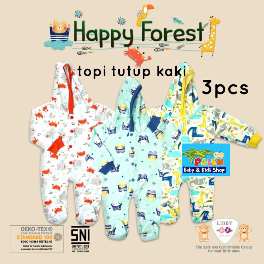 libby baju kodok/jumper topi buka kaki &amp; tutup kaki 3pcs usia 0-3 bulan