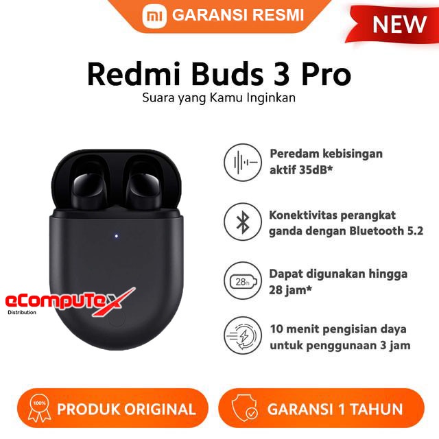 REDMI BUDS 3 PRO TWS / XIAOMI EARPHONE TRUE WIRELESS STEREO BLUETOOTH 3PRO BLACK / GREY GARANSI RESMI