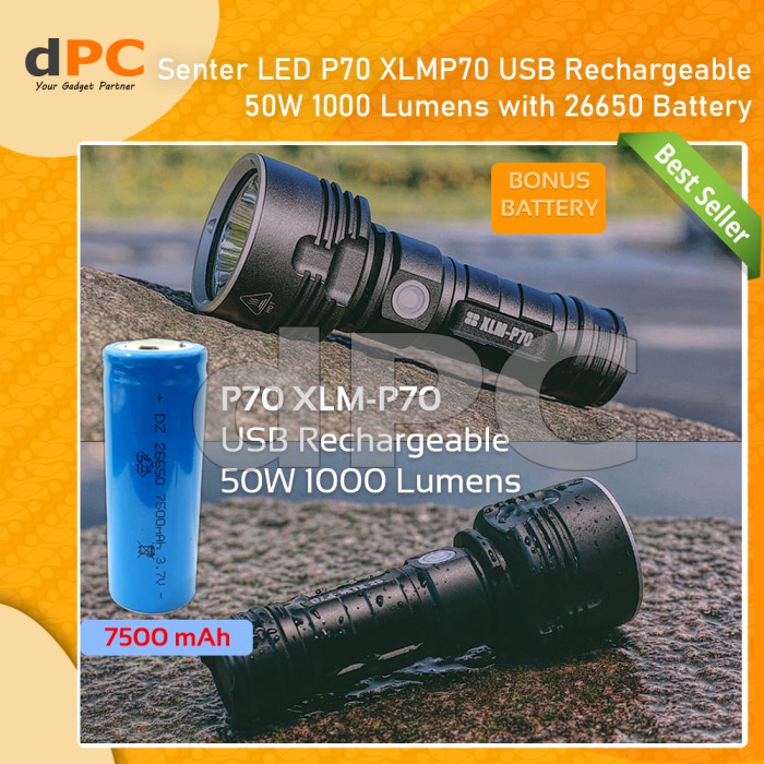 Senter LED P70 XLM-P70 USB Rechargeable 50W 1000 Lumens