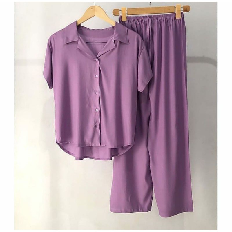 PIYAMA / BAJU TIDUR DEWASA / BAHAN KATUN / SET KEMEJA POLOS