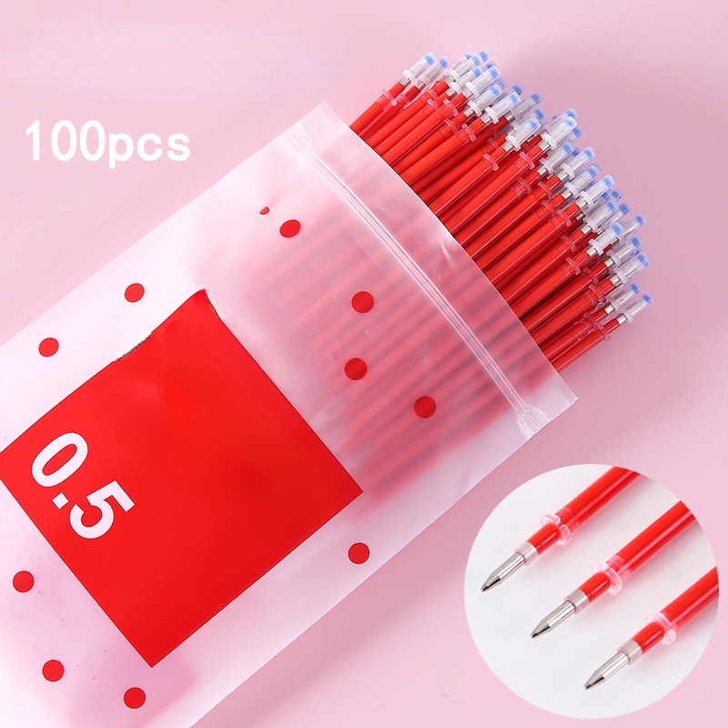 100pcs / Kantong Refill / Isi Ulang Pulpen Gel 0.5mm Warna Hitam / Merah / Biru Untuk Sekolah