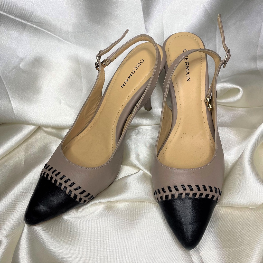 obermain garis stripe polos motif Woman sandal sendal sepatu shoes heels high tali coklat brown nude