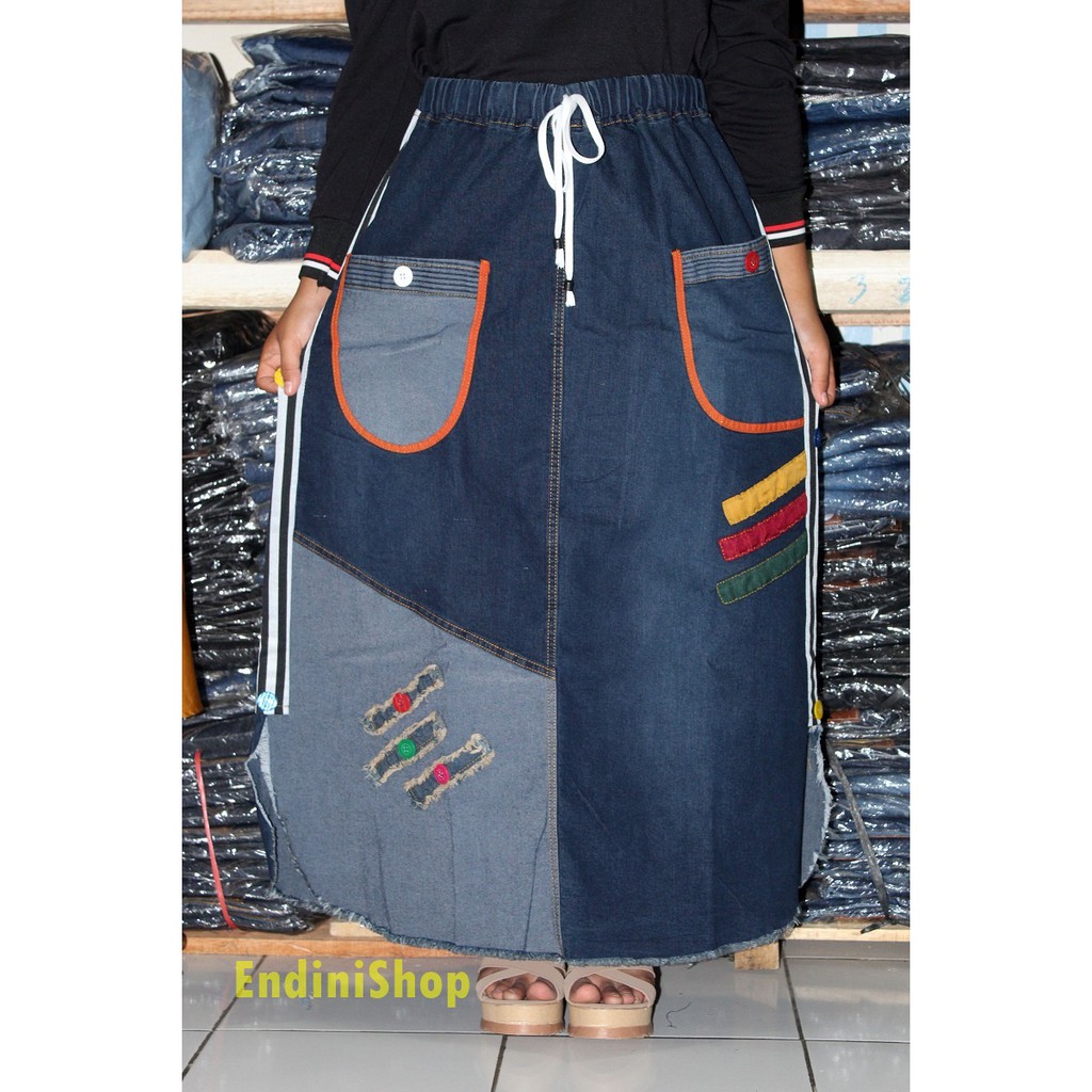 Terbaru Rok Jeans Stretch Wanita Triple Strip Black Denim