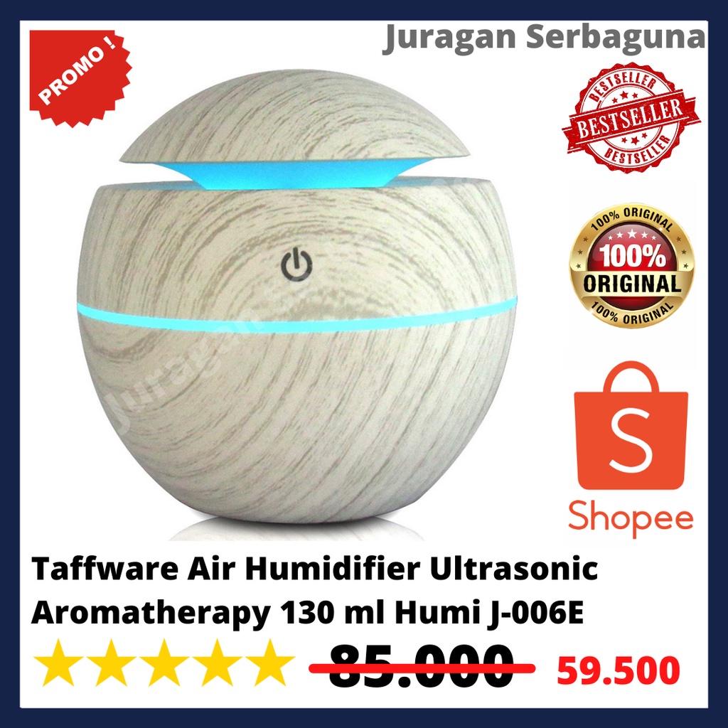 Taffware Air Humidifier Ultrasonic Aromatherapy Oil Diffuser Wood Design 130ml - Humi J-006E - White