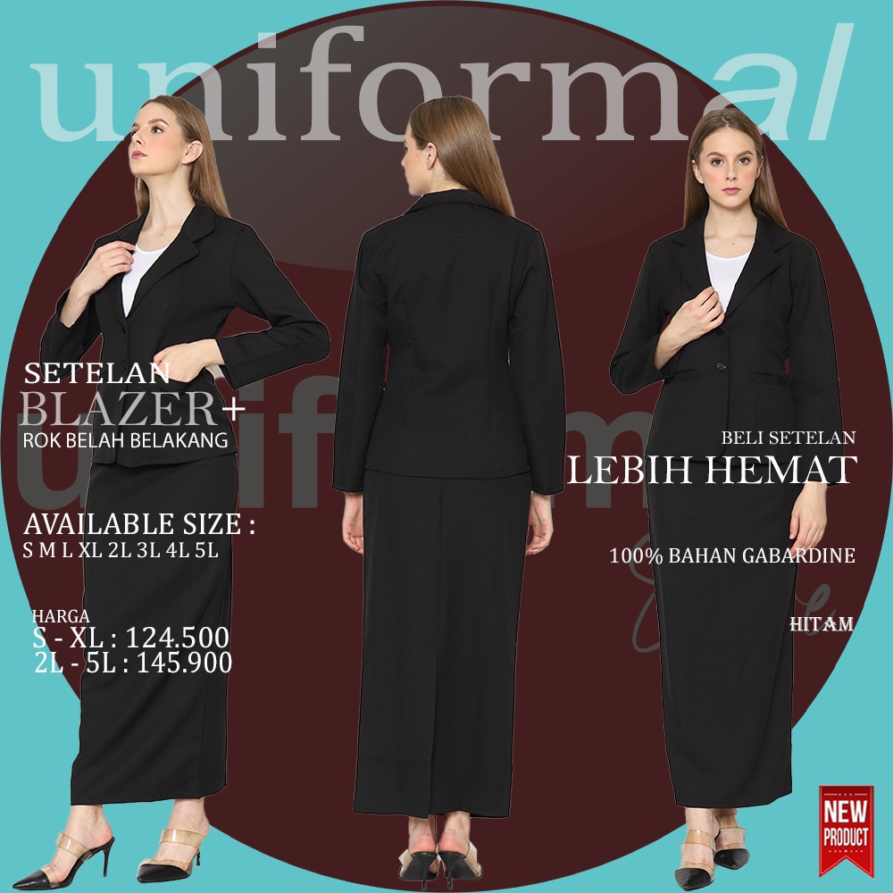 Setelan Blazer Dan Rok Set Panjang BELAH BELAKANG Wanita, Blezer Hitam Abu S - XL Stelan Perempuan Formal Kantor Kerja Korea Bahan Gabardine Import READY STOCK