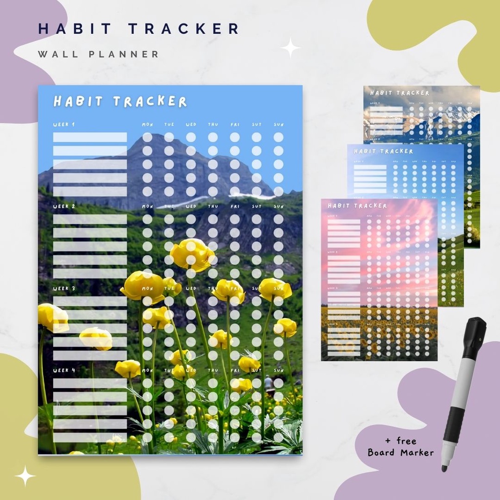 

Wall Planner Solucine - Lanscape Aesthetic Series (2) - Habit Tracker, Study Planner, Check list, Shopping List - Free spidol + Reuseable - A3 / A4