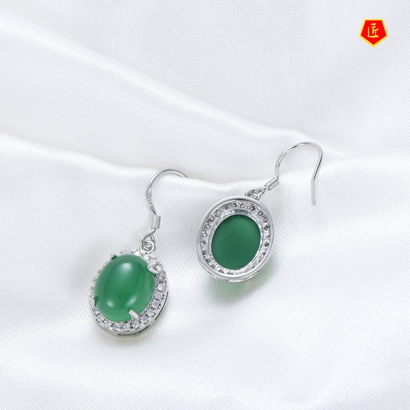 [Ready Stock]S925 Silver Jade Agate Earrings Vintage Full Diamond