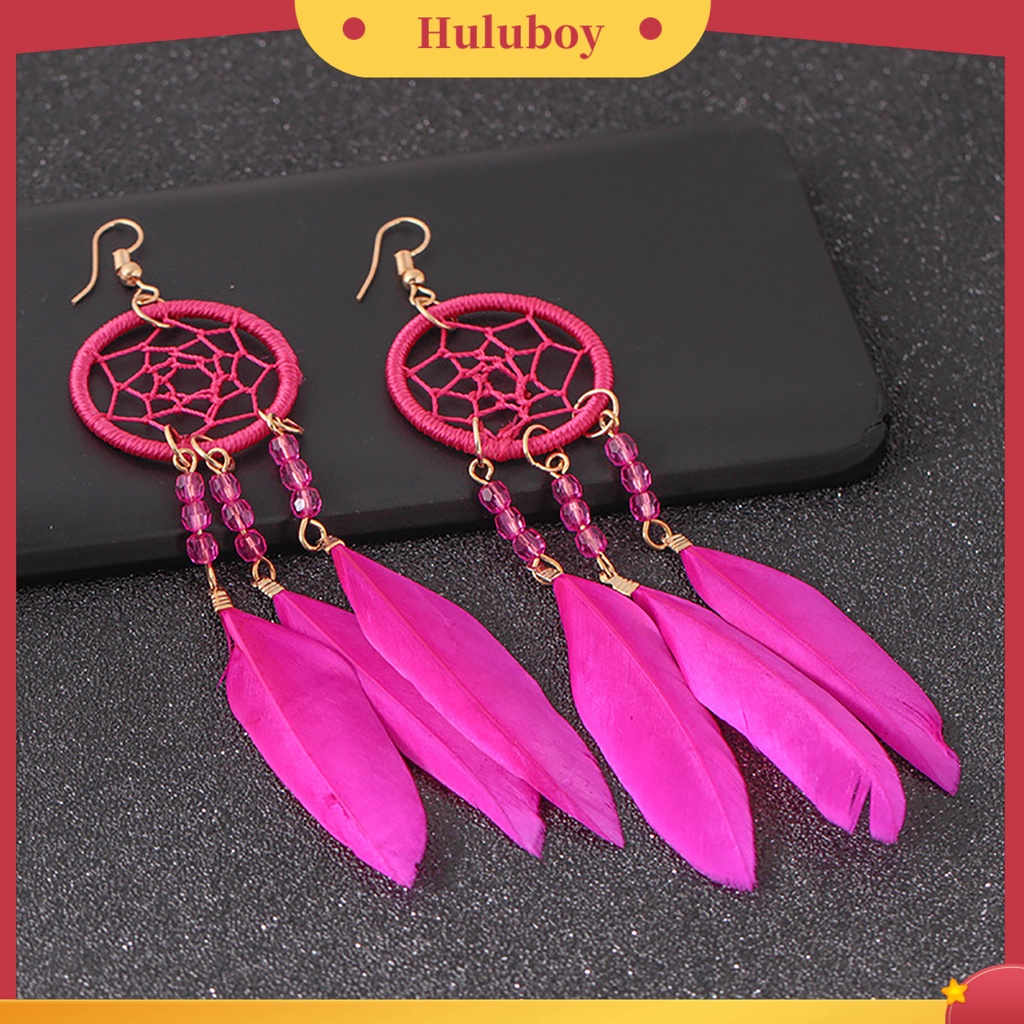 Hu Hu Hu Hu Hu Alat Bantu Pasang Kacamata♡ 1 Pasang Anting Desain Bulu Dream Catcher Hollow Out Gaya Etnik Bohemia