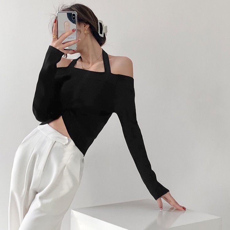 #Sisjuly# Orang-orang kertas Perancis off-the-shoulder halter neck rajutan bottoming kemeja kata-neck T-shirt