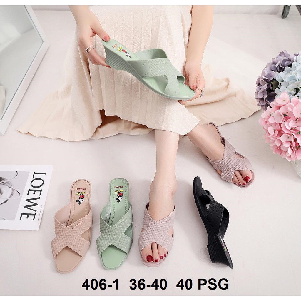 BALANCE 406 1 ORIGINAL SENDAL WEDGES WANITA SLOP SILANG JELLY ANYAM IMPORT LENTUR DISKON PROMO MURAH