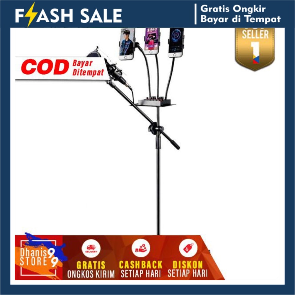 Stand Mic with 3 Smartphone Holder Standing Mikrofon Panjang dengan HP Holder Stan Microphone COD
