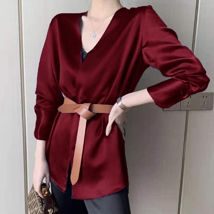 7102 ( Free BELT) Baju luaran cardigan outer satin lengan panjang hitam maroon polos wanita Korean s