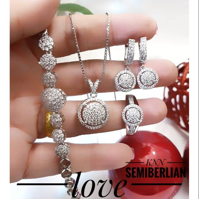 (JUL) Set Perhiasan Lapis Emas Xuping Gelang Kalung Anting Cincin Berlian Silver Mewah Titanium