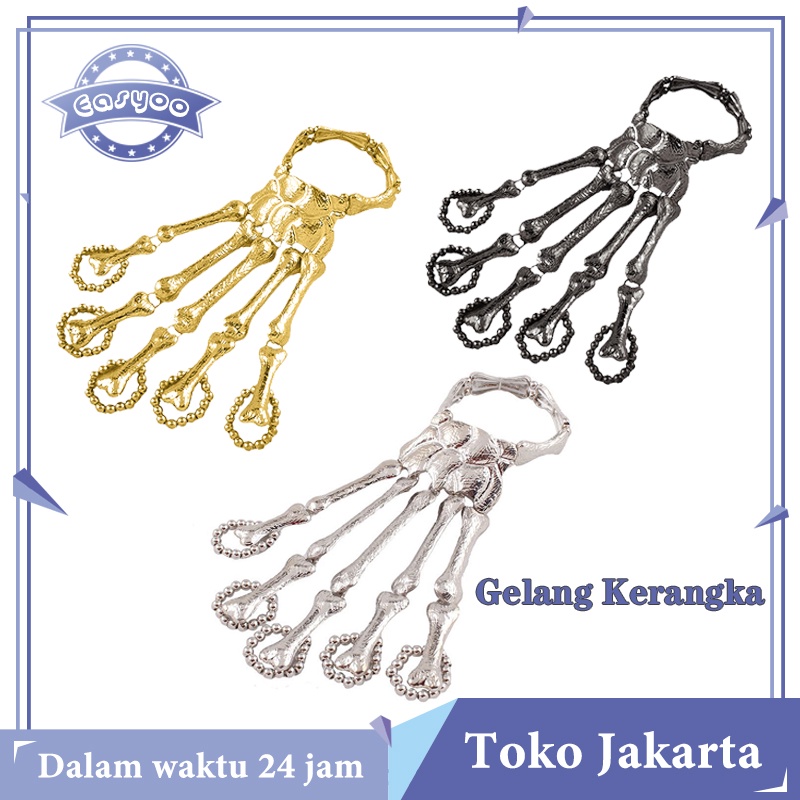 Skull Hand Bracelet Punk Gothic Skeleton Skull Bone Hand Bangle Finger Ring Bracelet Emas Hitam Pera