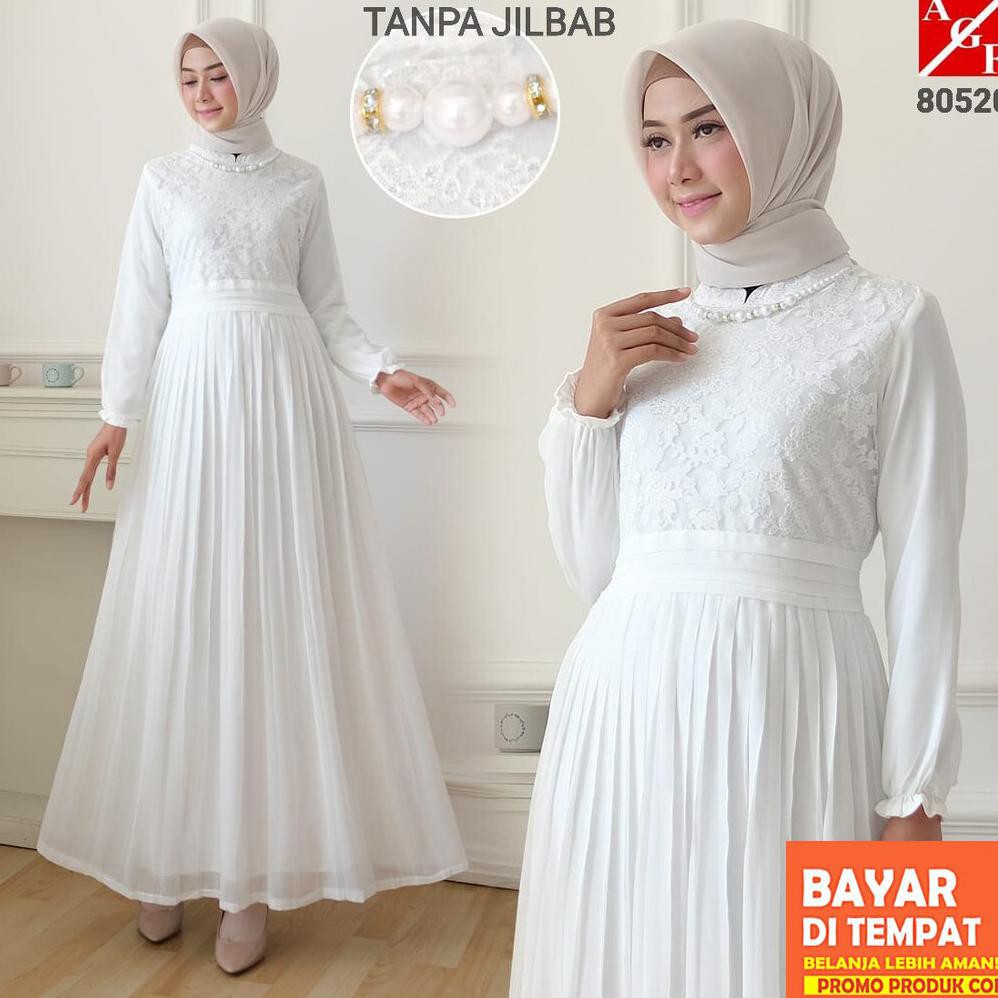 KIRIM HARI INI Agnes Gamis Putih Wanita Gamis Plisket Brukat Baju Muslim Wanita Busana Lebaran