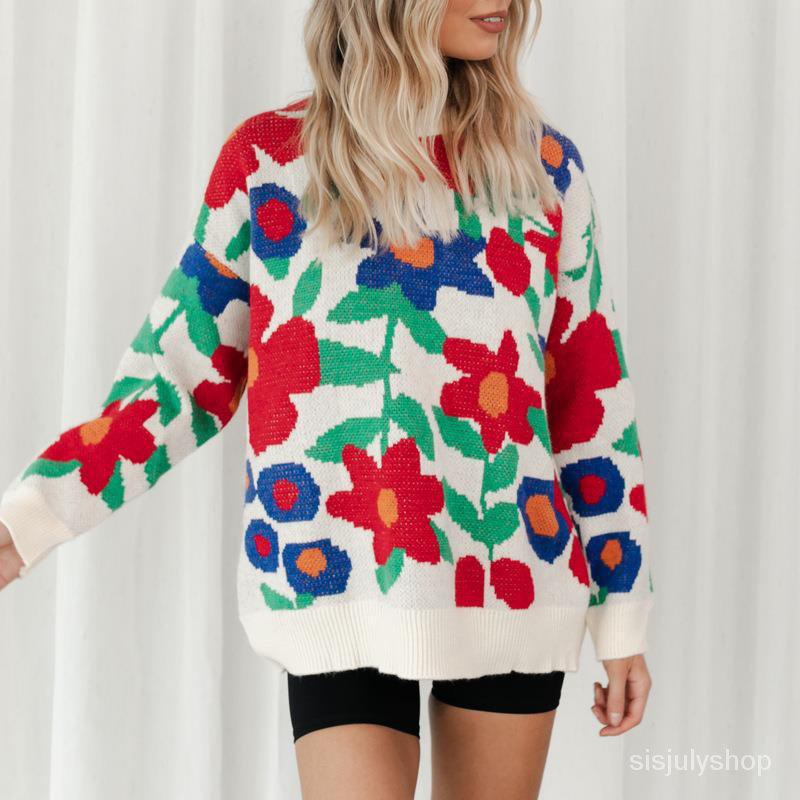 #Sisjuly# Wanita Musim Gugur Dan Musim Dingin Baru Bordir Bunga Besar Leher Bulat Longgar Lengan Pan