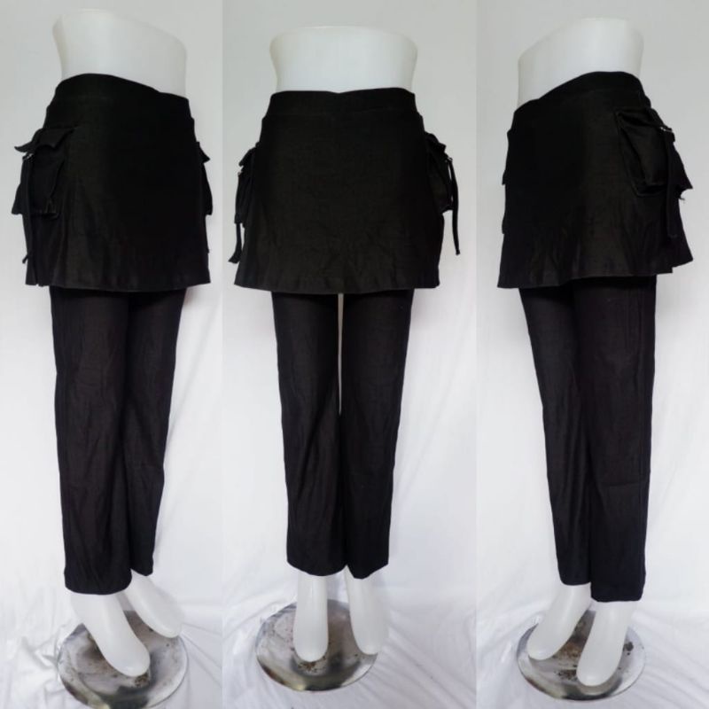 celana rok kantong senam hitam bahan tebal polyester spandex